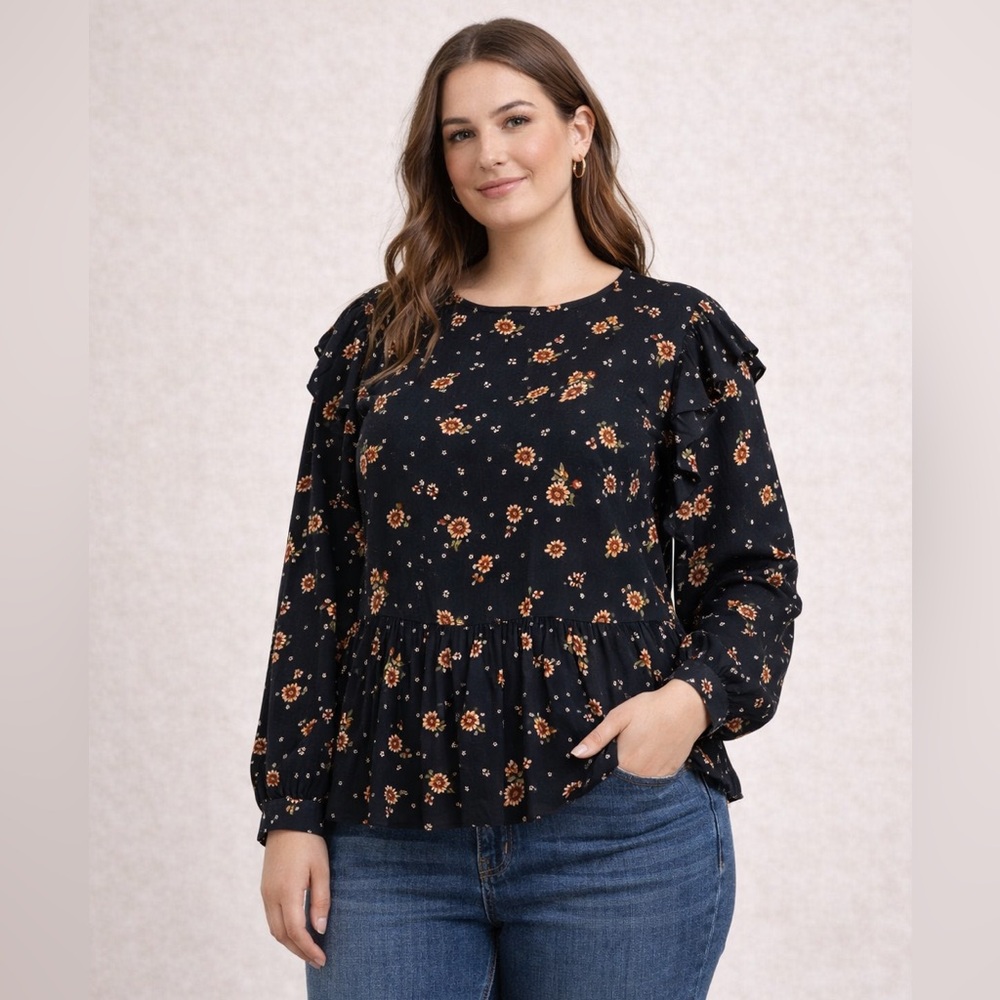 LOFT Outlet Floral Peplum Blouse Long Sleeve Black Rayon Size XL